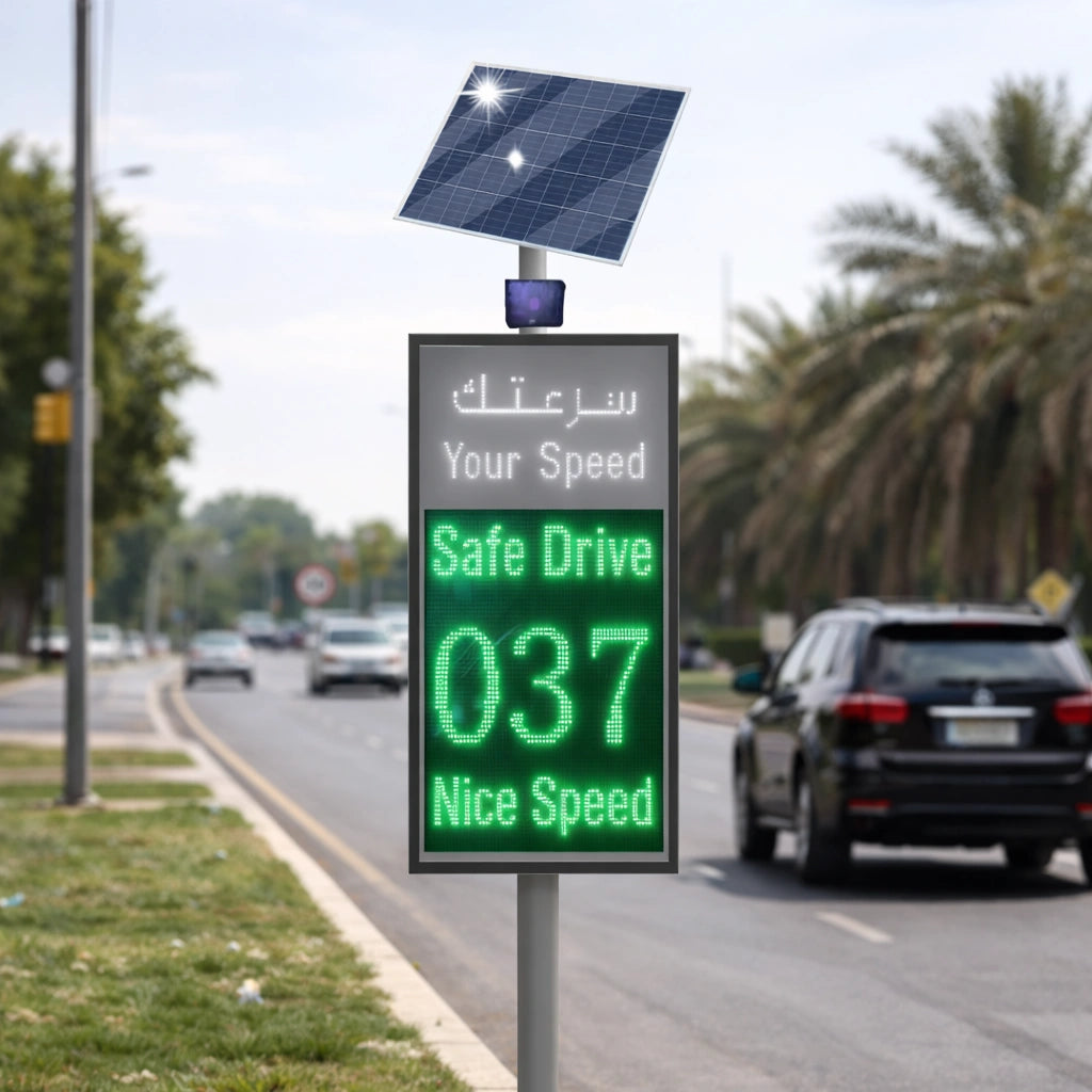 Solar LED vehicle speed radar sign display for driver awareness