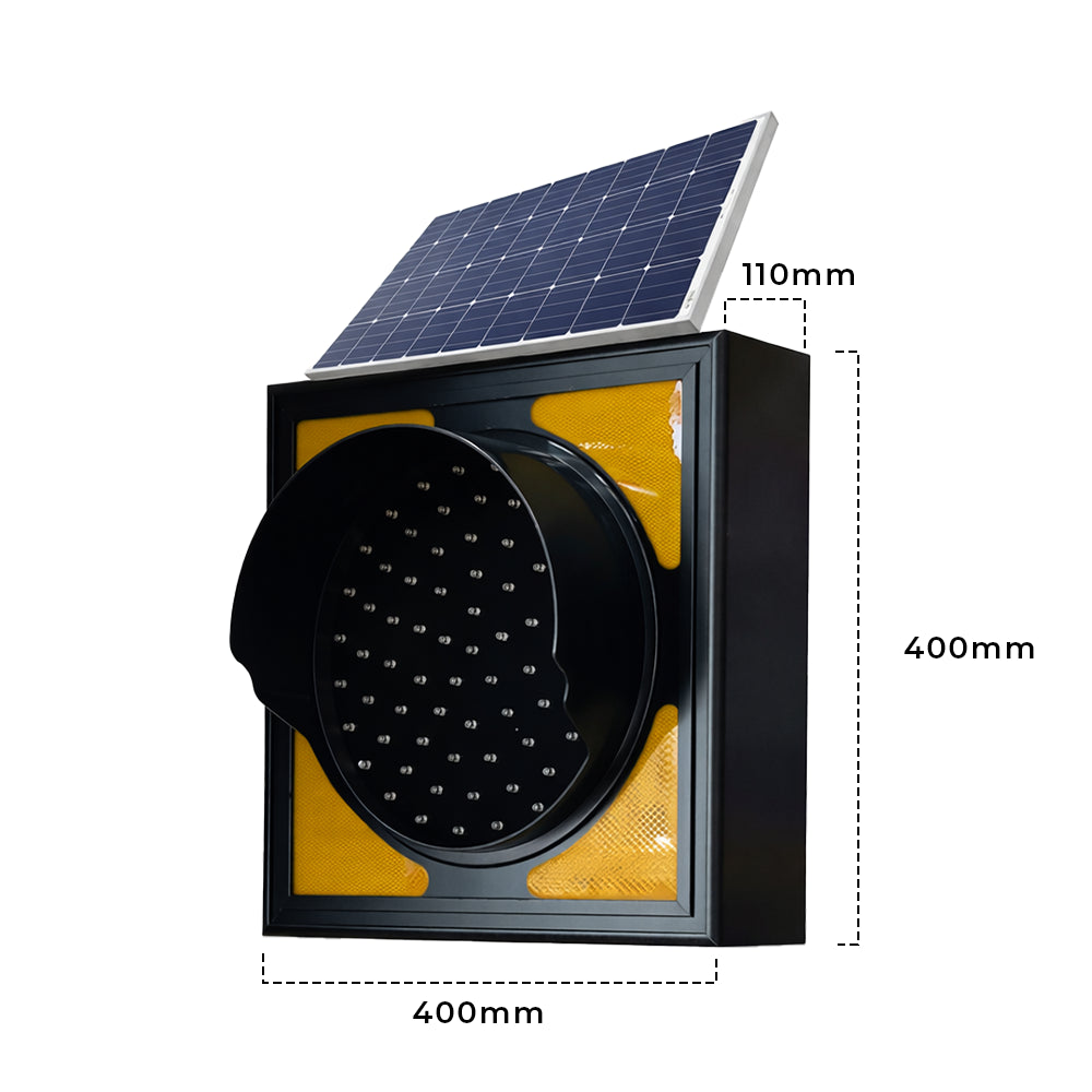 Solar panel on top of a black and yellow device with dimensions indicated