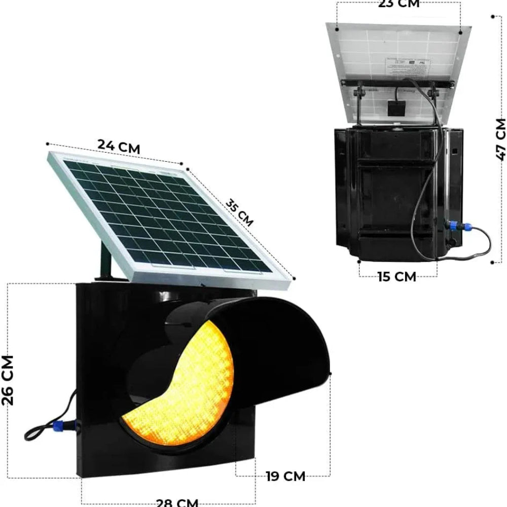 Solar-powered light fixture with dimensions on a white background