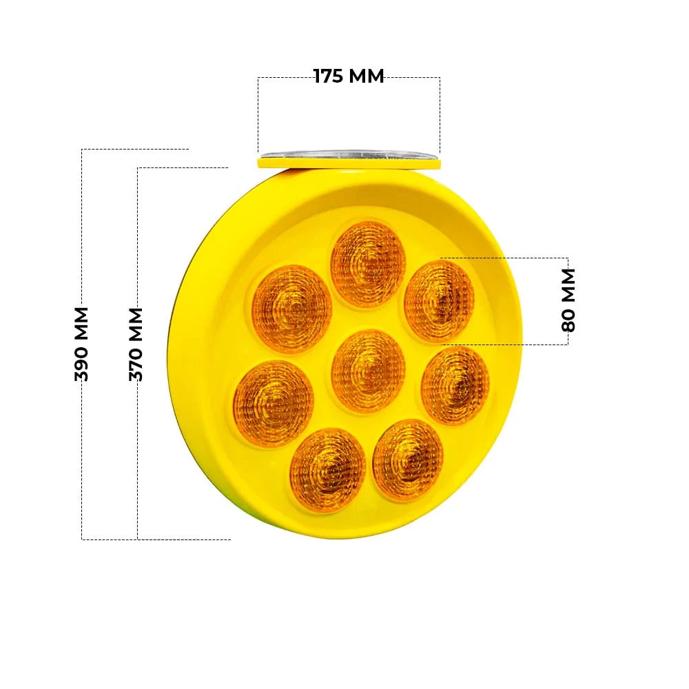 Yellow round light with dimensions labeled on a white background