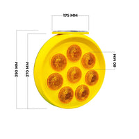 Yellow round light with dimensions labeled on a white background