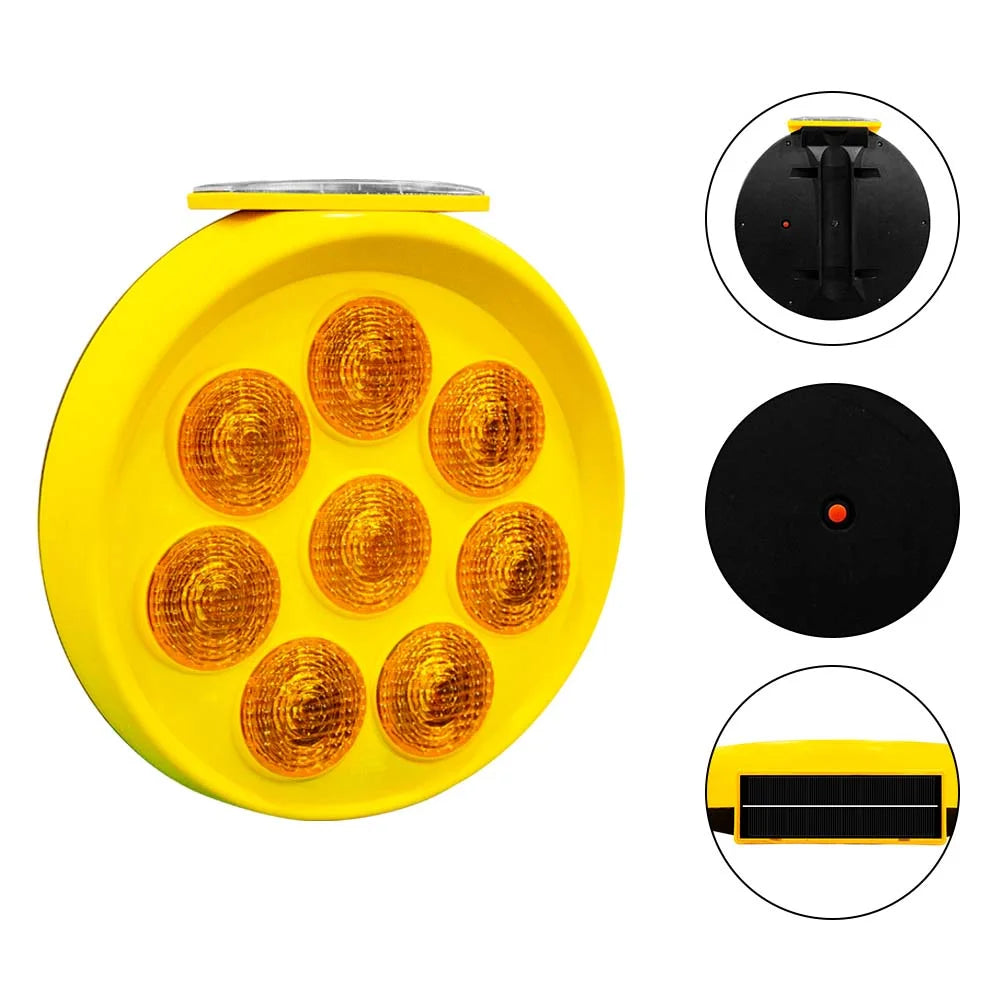 Yellow round reflective safety light with close-up insets on a white background