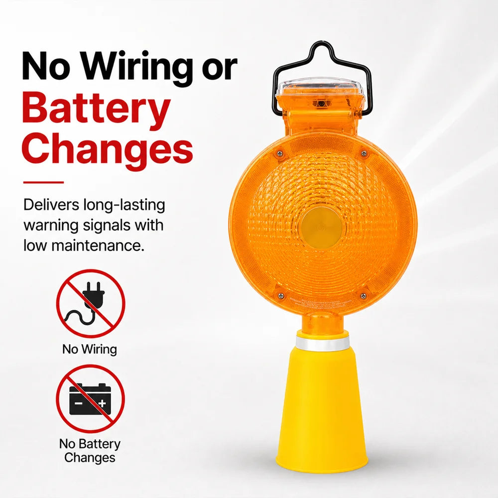 Orange solar LED warning light for traffic cones in construction and work zones