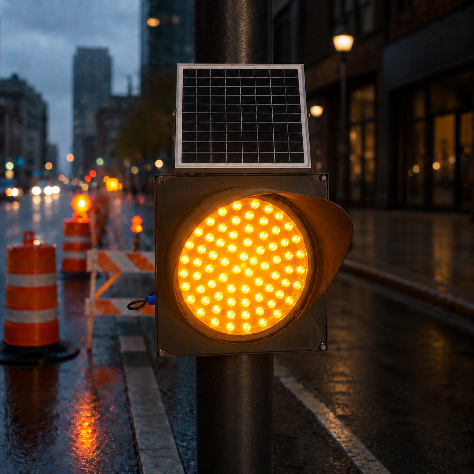 300mm solar powered yellow LED warning light for construction and emergency use