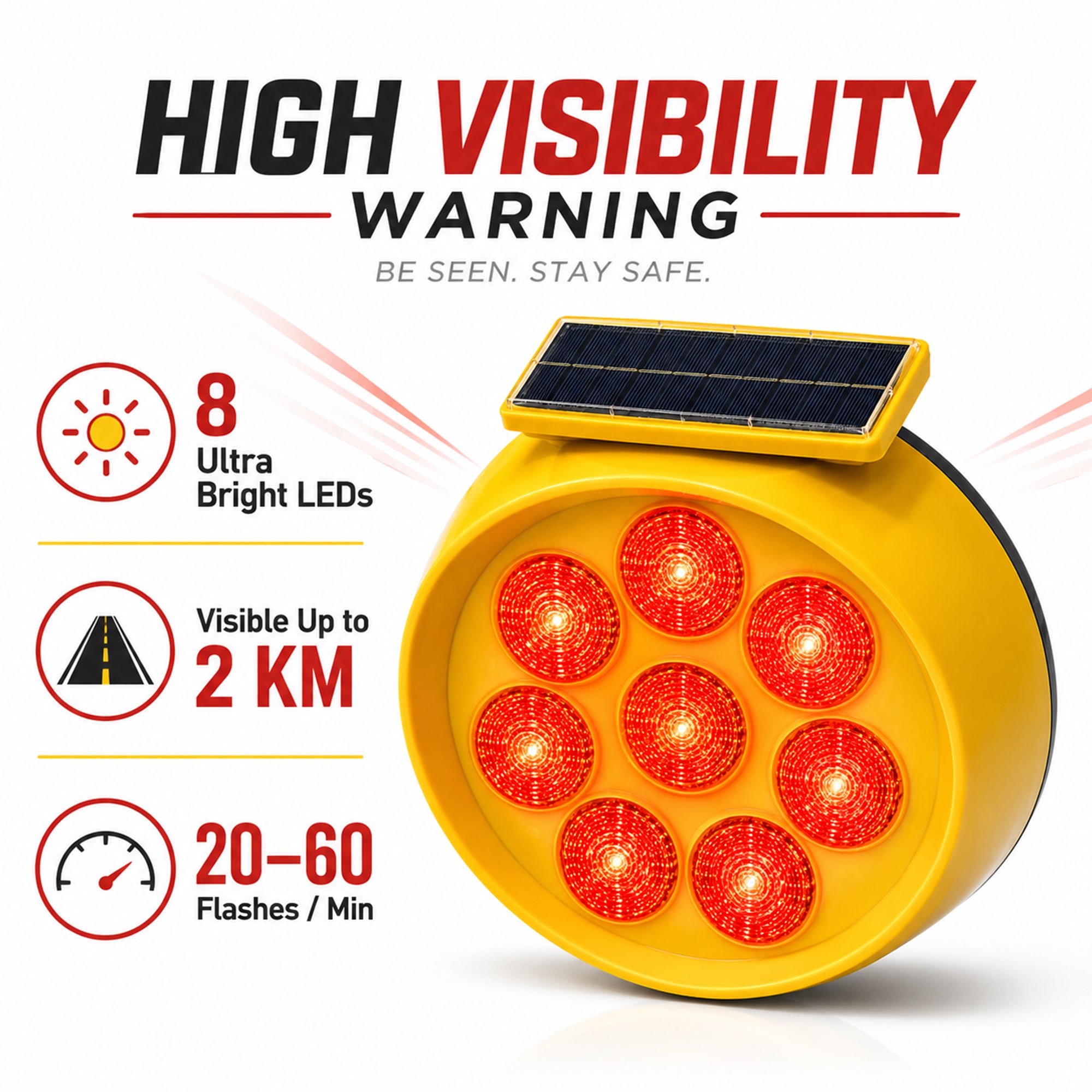 Solar powered orange warning beacon with 8 LEDs for traffic control and visibility