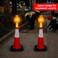 Solar powered orange LED traffic cone light for high visibility and traffic control