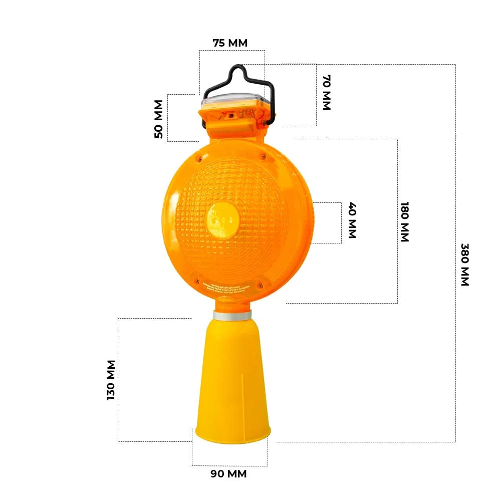 Orange traffic light with dimensions labeled on a white background
