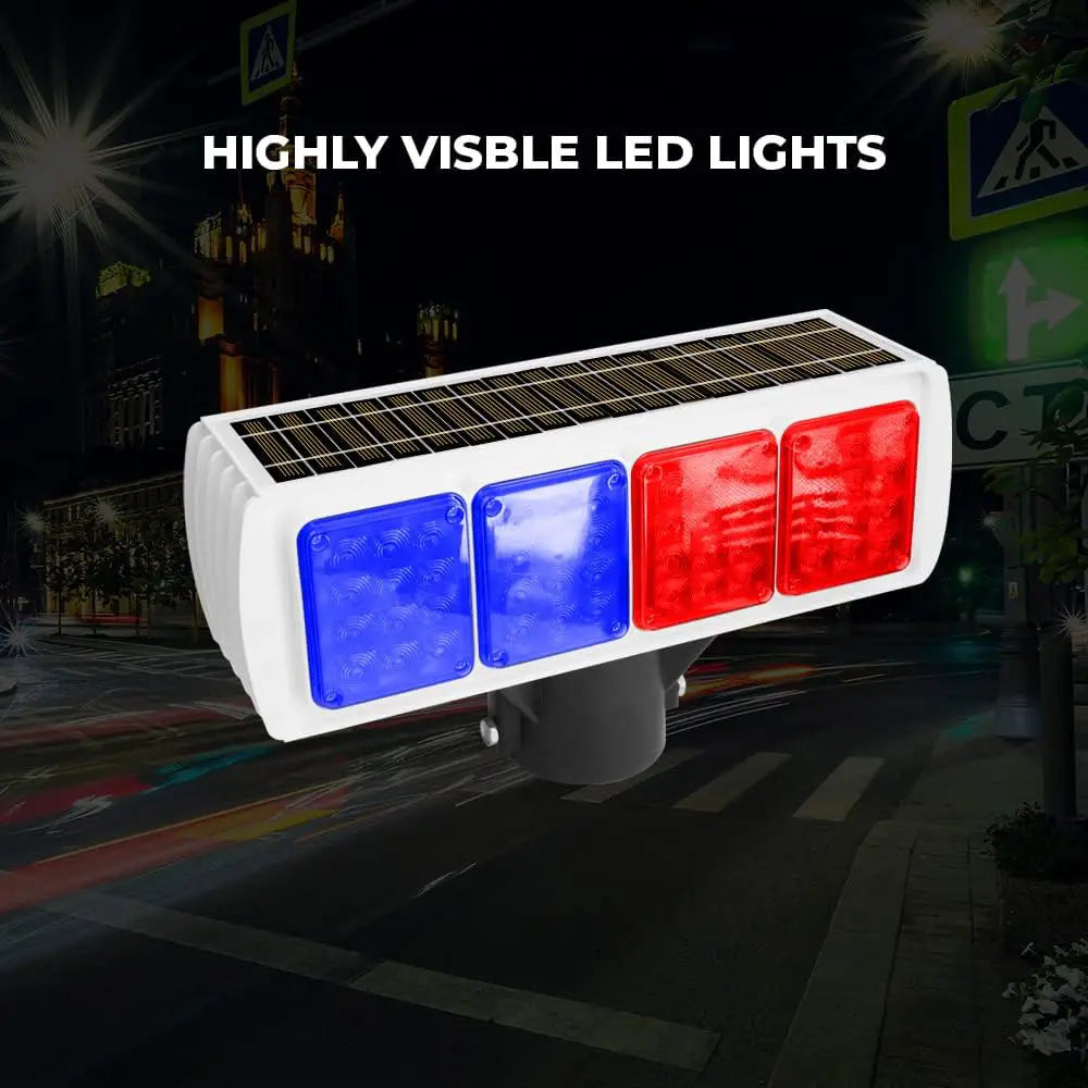 Solar traffic warning light with red and blue LED strobe for road safety