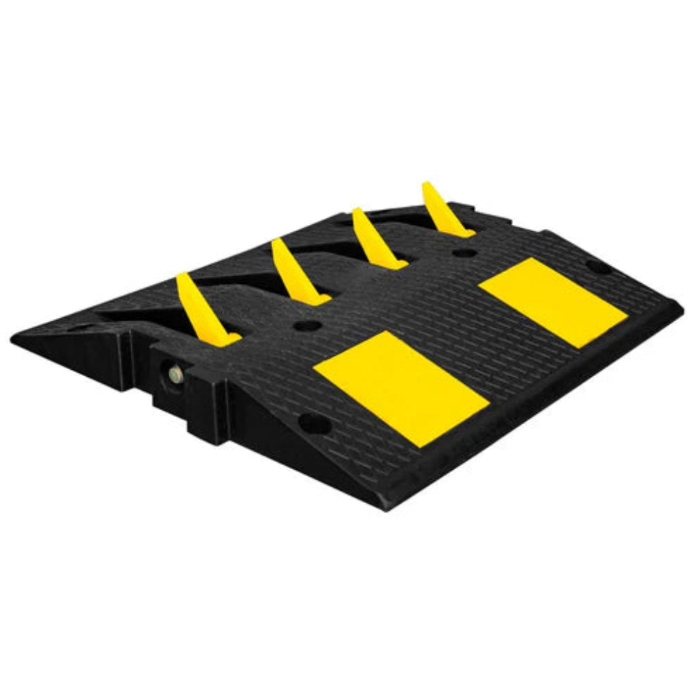 Black and yellow speed bump on a white background