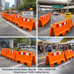 Stackable small water barrier used for road closures and detours in urban settings.