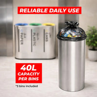Set of three metal recycling bins with labels for paper, plastic, and glass, with a 40L capacity per bin on a neutral background.
