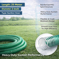 Green suction hose with specifications on a grassy 