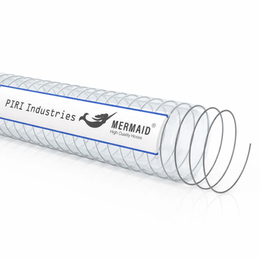 Clear hose with PIRI Industries Mermaid branding on a white background