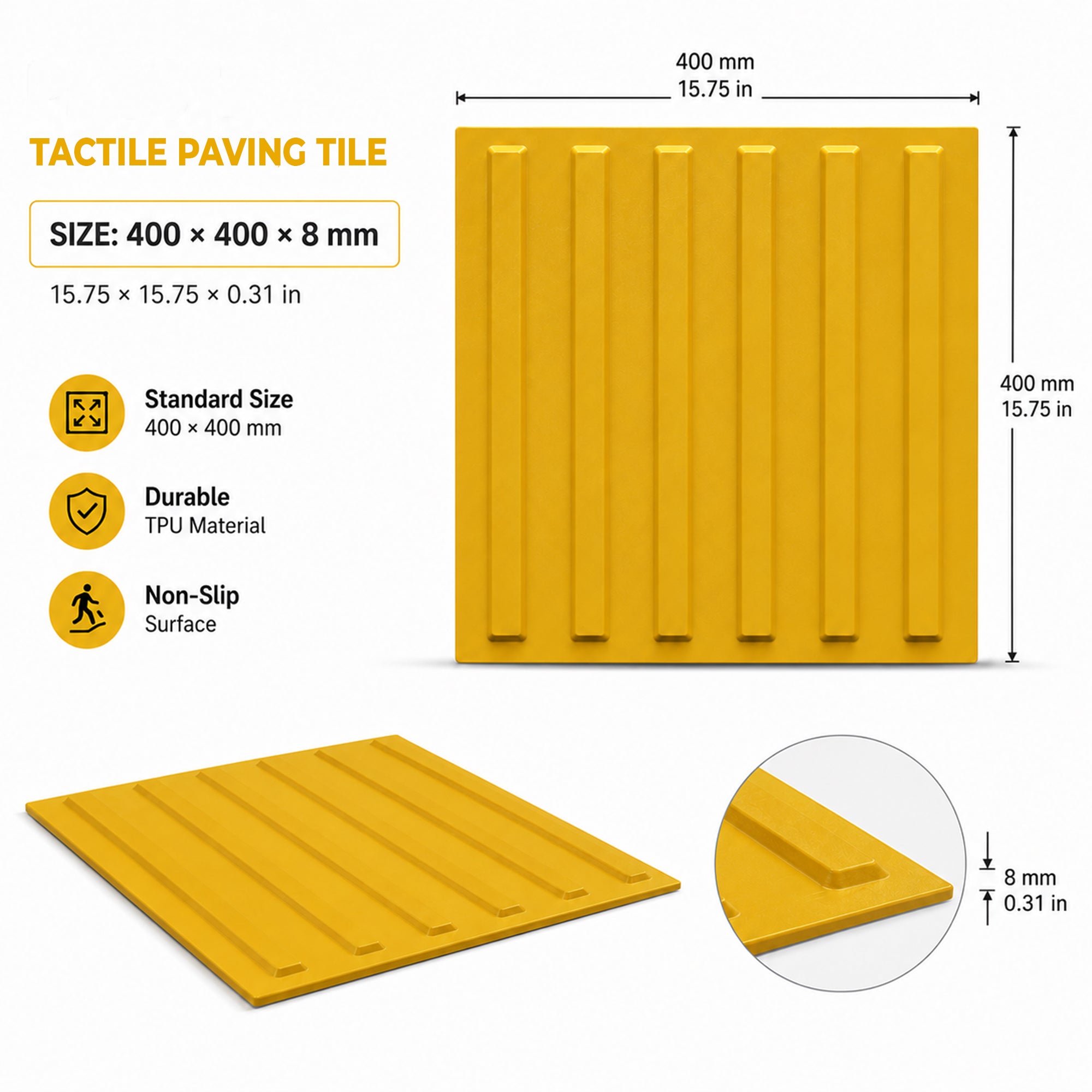 Yellow 40x40cm tactile warning paving for safe pedestrian navigation