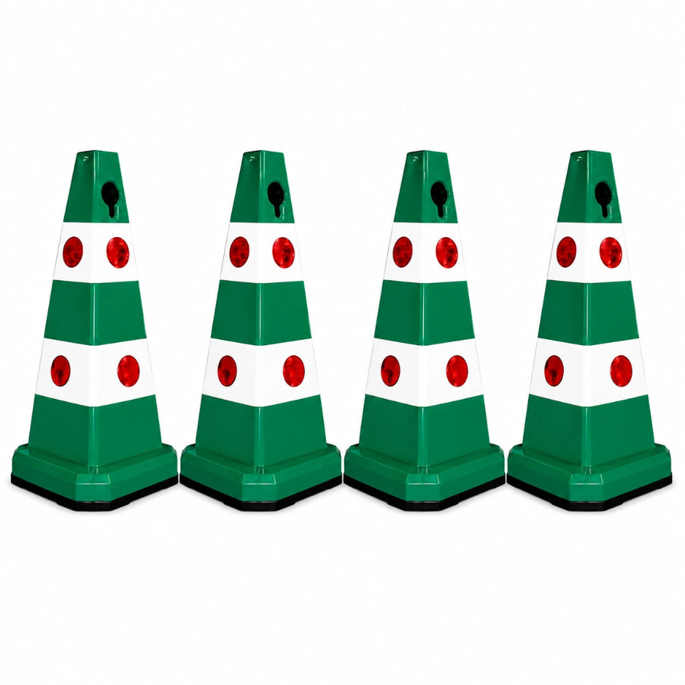 Four green and white plastic traffic safety cones 