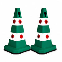 Two green and white traffic safety cones 