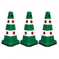 Three green and white traffic safety cones