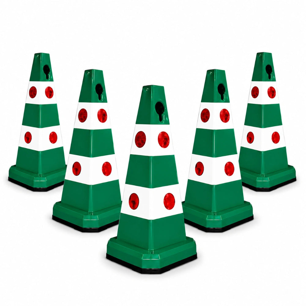 Five green and white traffic safety cones 
