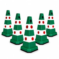 Five green and white traffic safety cones 