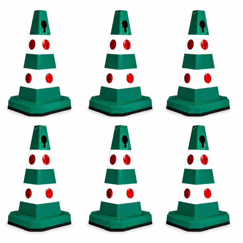 Six green and white traffic safety cones 