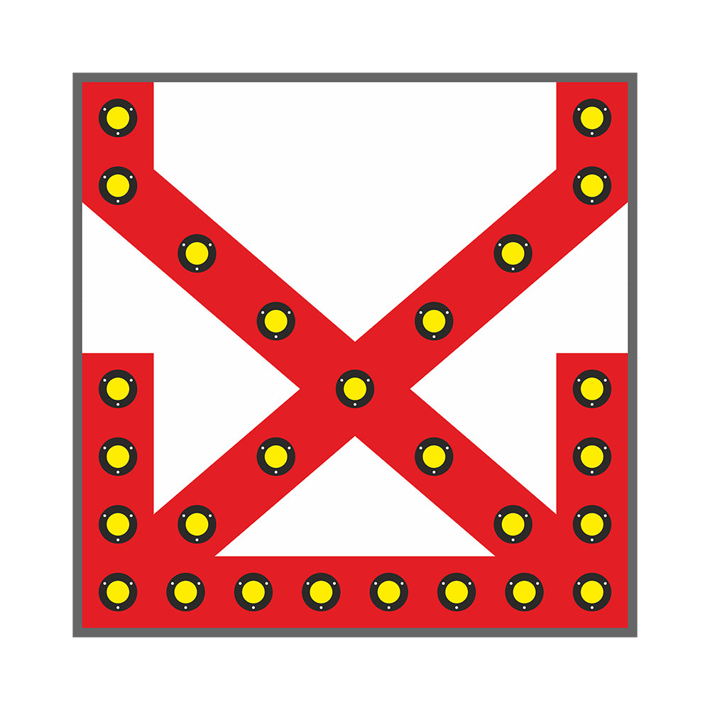 Red and white cross with yellow dots on a white background