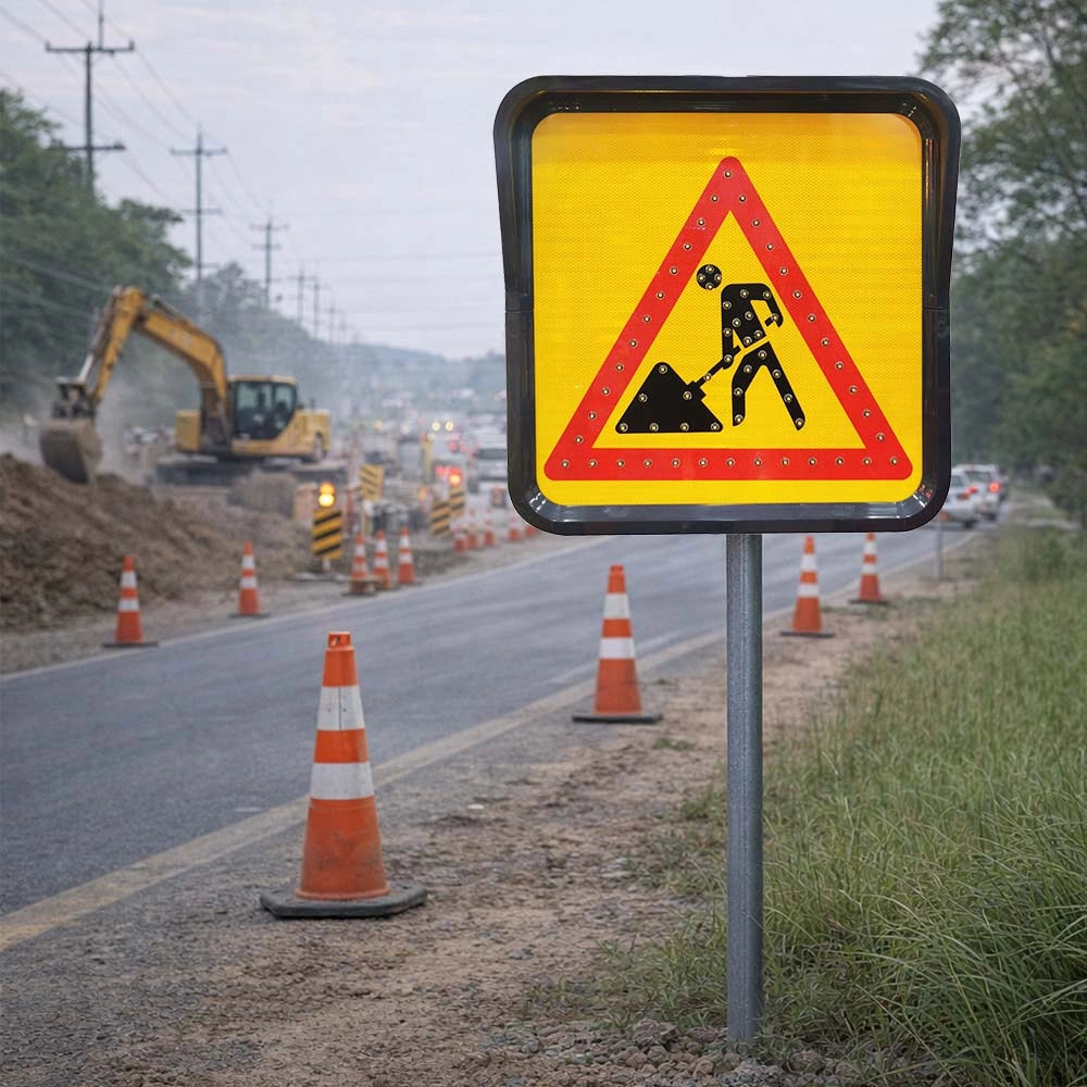 Road construction sign warning of workers ahead with a digger and traffic cones in the background.