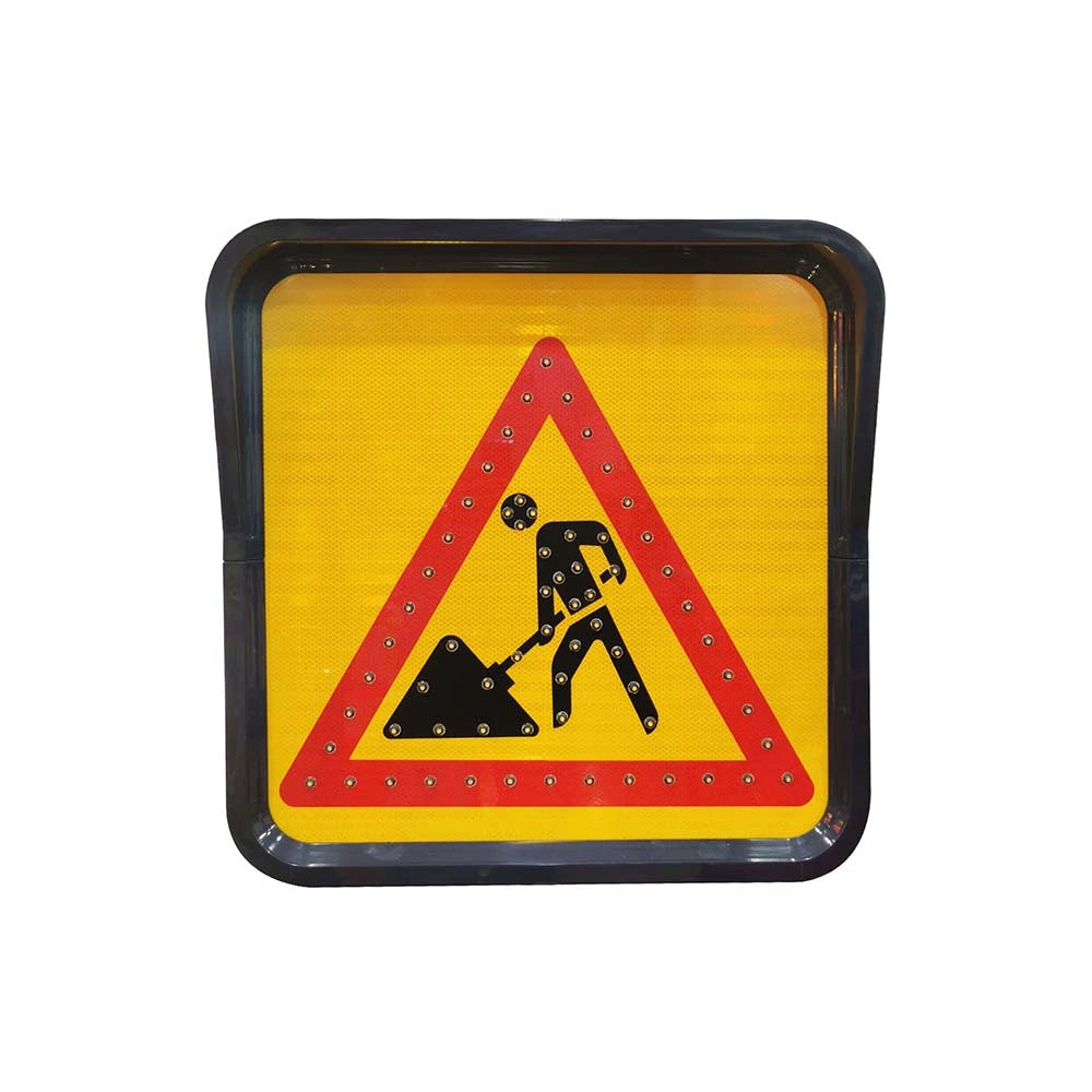 Roadwork warning sign with a black figure using a shovel on a yellow background