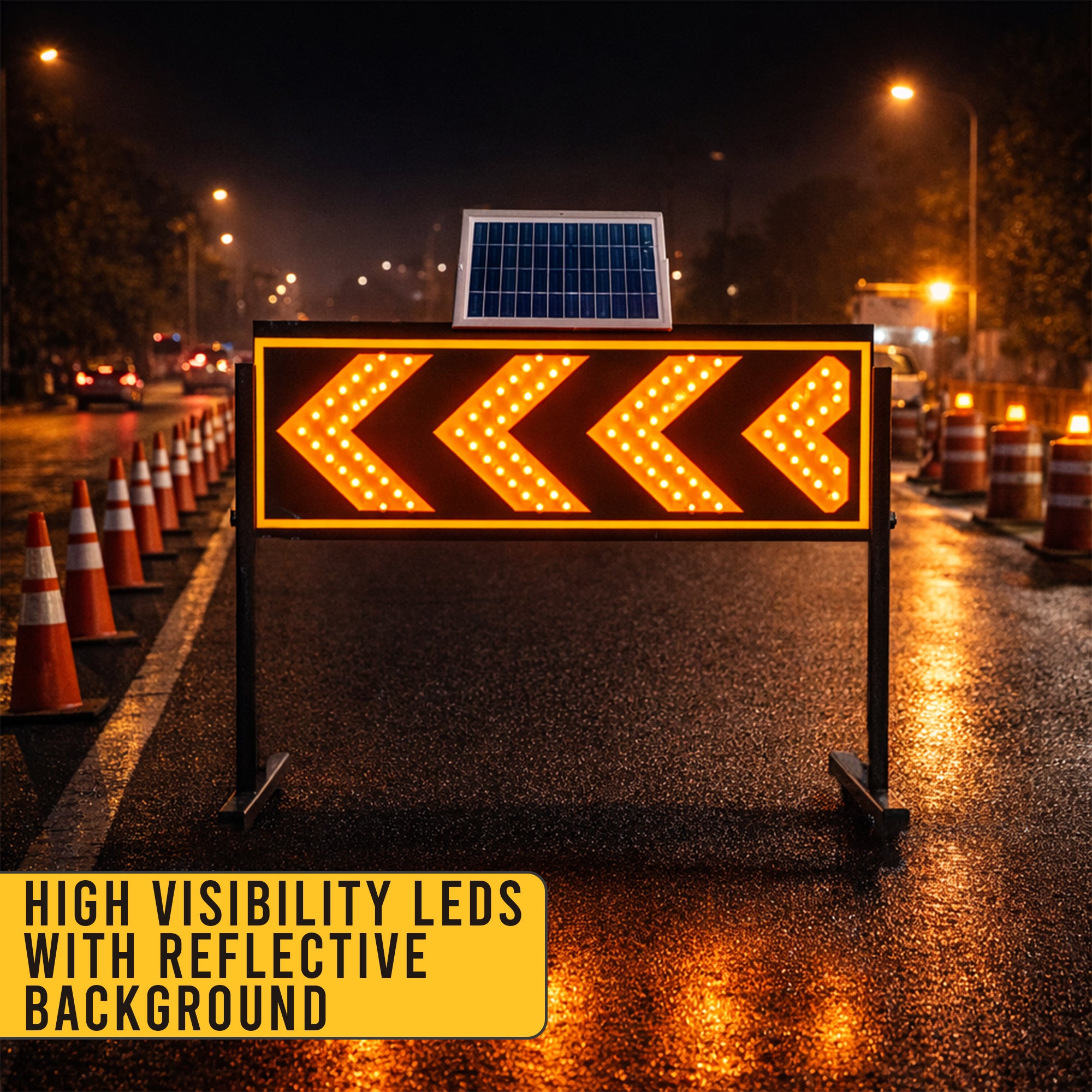 1200mm solar yellow arrow traffic warning sign with stand for roadworks and detours