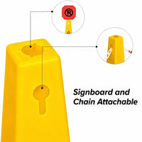 Yellow safety cone with signboard and chain attachable feature 