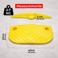 Yellow car stopper with measurements on a gray background