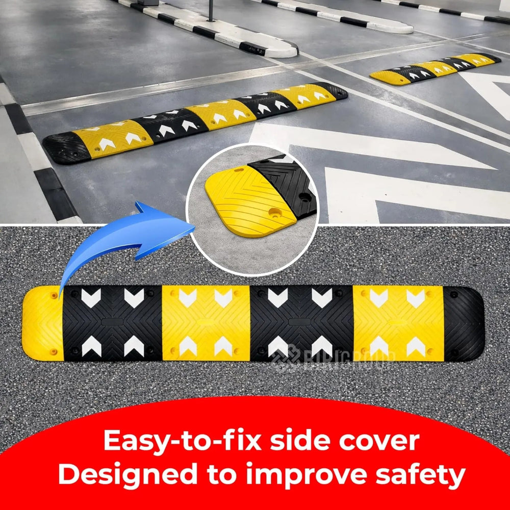 Yellow and black safety bumpers on a parking lot