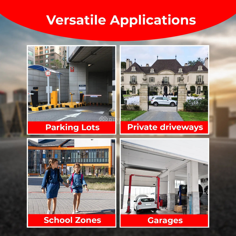 Collage of various applications including parking lots, private driveways, school zones, and garages with text 'Versatile Applications'.