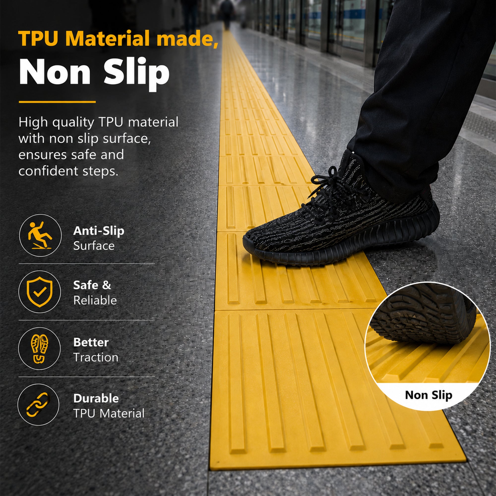 Yellow 40x40cm tactile ground surface indicator for pedestrian safety