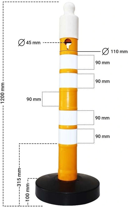 110CM yellow traffic delineator post with durable weighted PVC base for parking and construction zones
